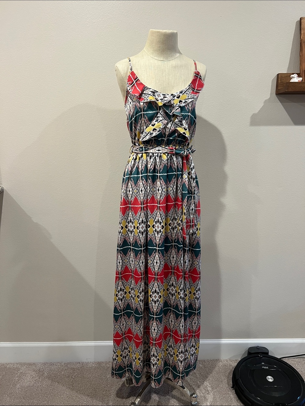 Sugarlips Teal, Red & Yellow Printed Spaghetti-Strap Maxi Dress